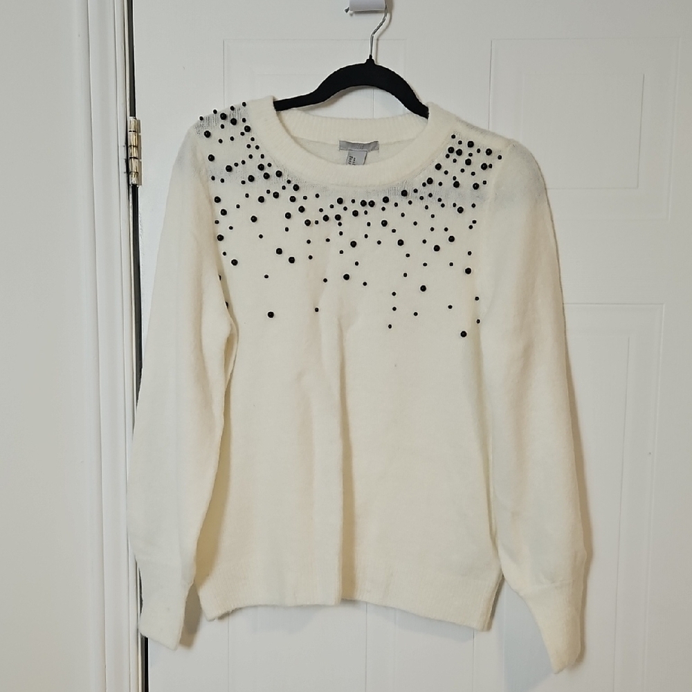 White Cream Sweater Womens Medium Wool Blend Pearl Detail H&M Warm
